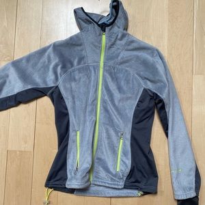 Fuzzy gray zip up jacket with neon yellow zipper